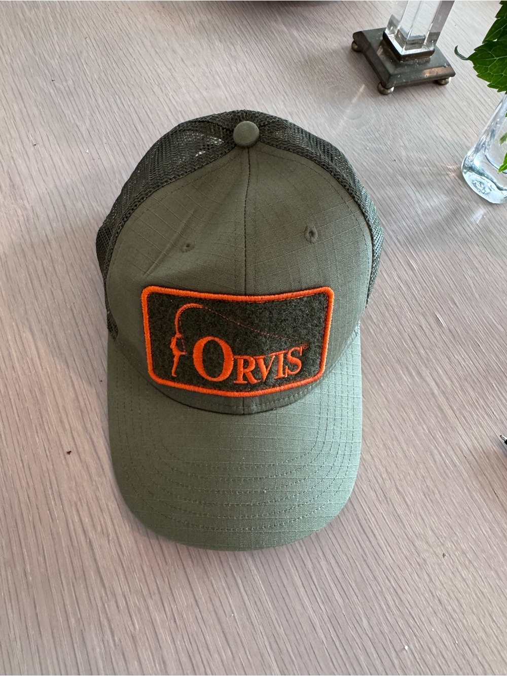 Orvis Olive Green Trucker Hat with Orange Patch
